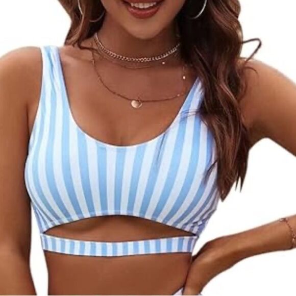 Blooming Jelly Blue And White Striped Women’s Swim Top, Size L, NWT - Picture 1 of 8